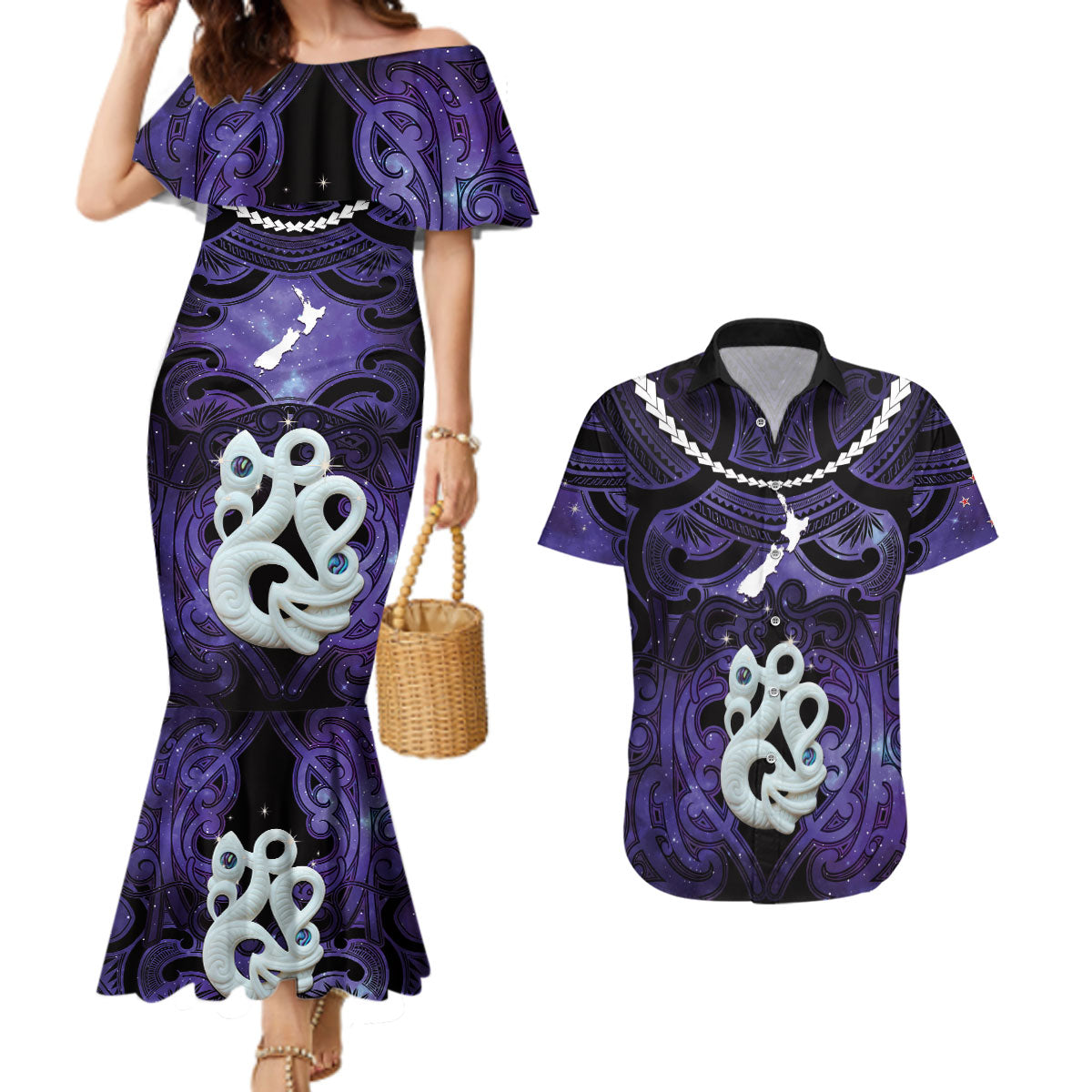 Personalised Maori Matariki Manaia Waiporoporo Couples Matching Mermaid Dress and Hawaiian Shirt Maori Kowhaiwhai Pattern Galaxy