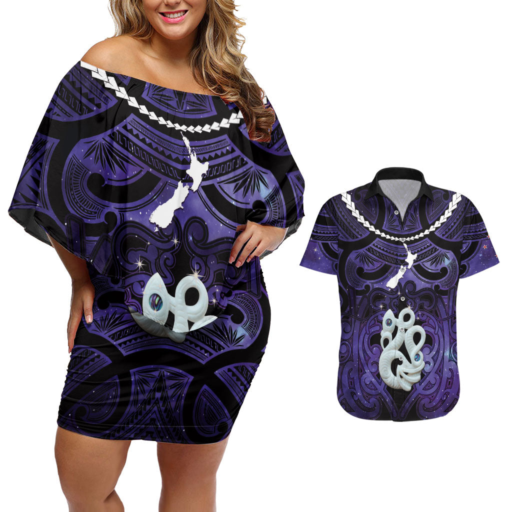 Personalised Maori Matariki Manaia Waiporoporo Couples Matching Off Shoulder Short Dress and Hawaiian Shirt Maori Kowhaiwhai Pattern Galaxy LT01 Purple - Polynesian Pride