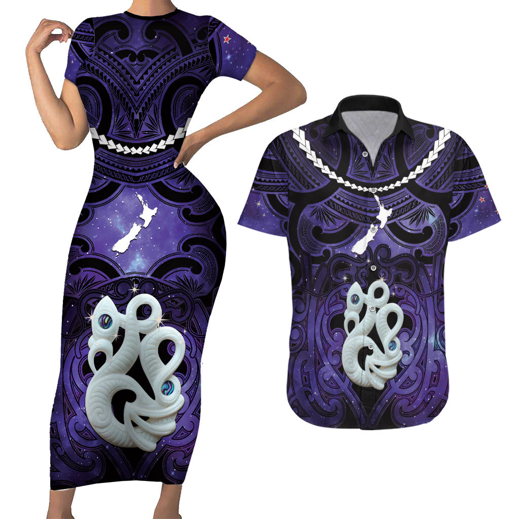 Personalised Maori Matariki Manaia Waiporoporo Couples Matching Short Sleeve Bodycon Dress and Hawaiian Shirt Maori Kowhaiwhai Pattern Galaxy