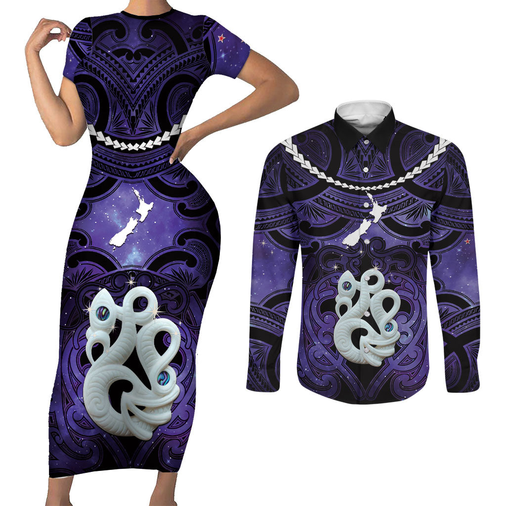 Personalised Maori Matariki Manaia Waiporoporo Couples Matching Short Sleeve Bodycon Dress and Long Sleeve Button Shirt Maori Kowhaiwhai Pattern Galaxy LT01 Purple - Polynesian Pride