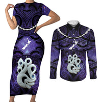 Personalised Maori Matariki Manaia Waiporoporo Couples Matching Short Sleeve Bodycon Dress and Long Sleeve Button Shirt Maori Kowhaiwhai Pattern Galaxy LT01 Purple - Polynesian Pride