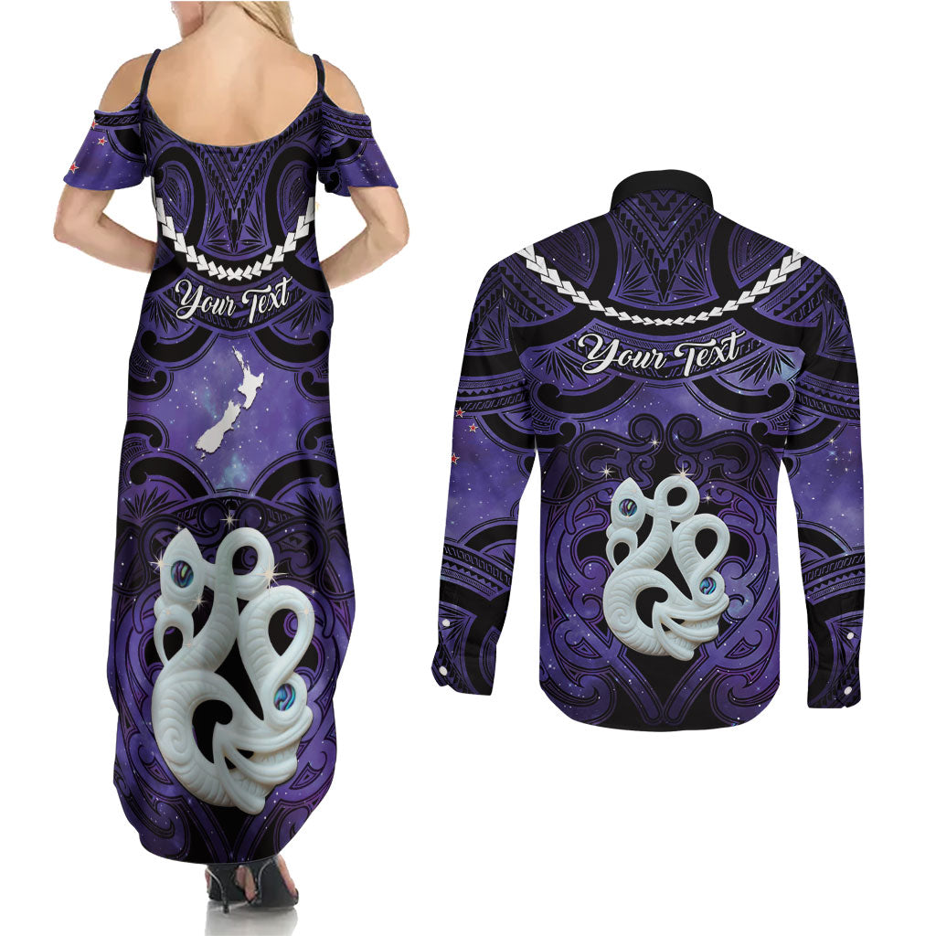 Personalised Maori Matariki Manaia Waiporoporo Couples Matching Summer Maxi Dress and Long Sleeve Button Shirt Maori Kowhaiwhai Pattern Galaxy LT01 - Polynesian Pride