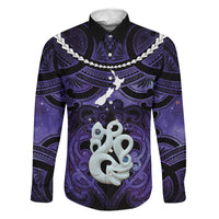 Personalised Maori Matariki Manaia Waiporoporo Family Matching Off Shoulder Maxi Dress and Hawaiian Shirt Maori Kowhaiwhai Pattern Galaxy LT01 Dad's Shirt - Long Sleeve Purple - Polynesian Pride