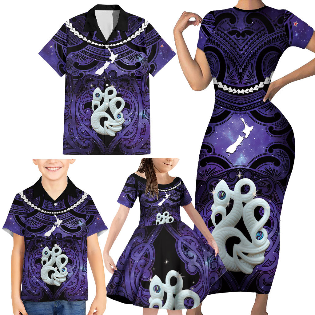 Personalised Maori Matariki Manaia Waiporoporo Family Matching Short Sleeve Bodycon Dress and Hawaiian Shirt Maori Kowhaiwhai Pattern Galaxy