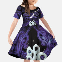 Personalised Maori Matariki Manaia Waiporoporo Family Matching Summer Maxi Dress and Hawaiian Shirt Maori Kowhaiwhai Pattern Galaxy LT01 Daughter's Dress Purple - Polynesian Pride
