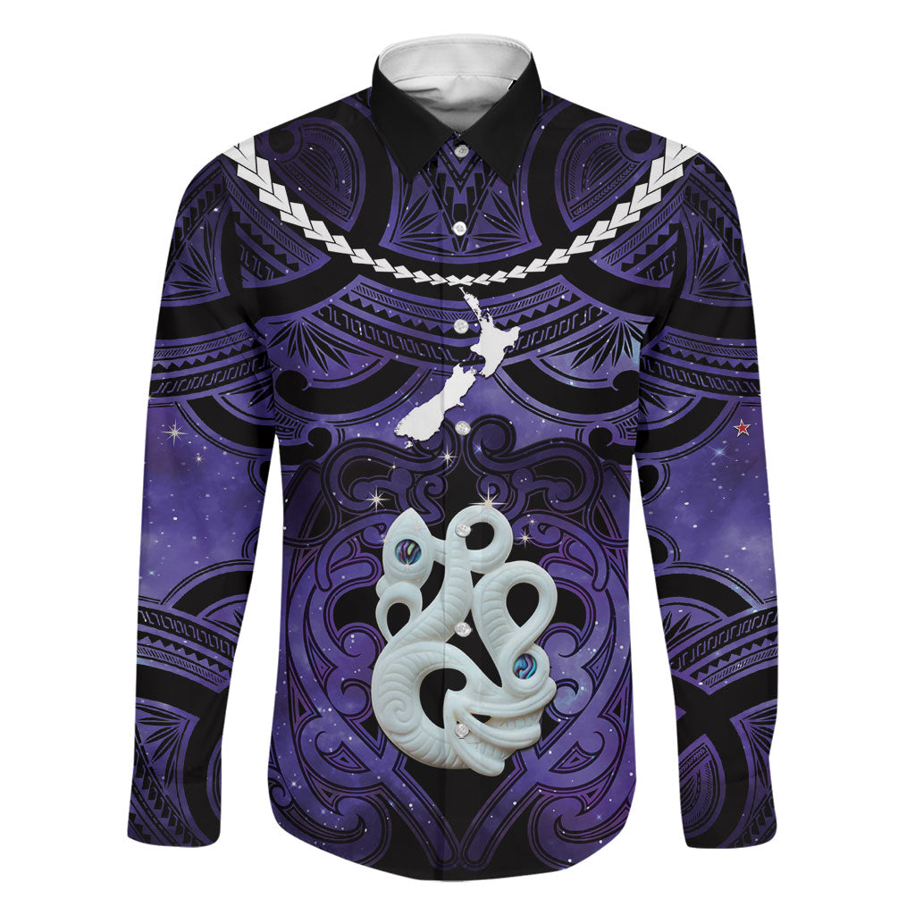 Personalised Maori Matariki Manaia Waiporoporo Family Matching Tank Maxi Dress and Hawaiian Shirt Maori Kowhaiwhai Pattern Galaxy LT01 Dad's Shirt - Long Sleeve Purple - Polynesian Pride