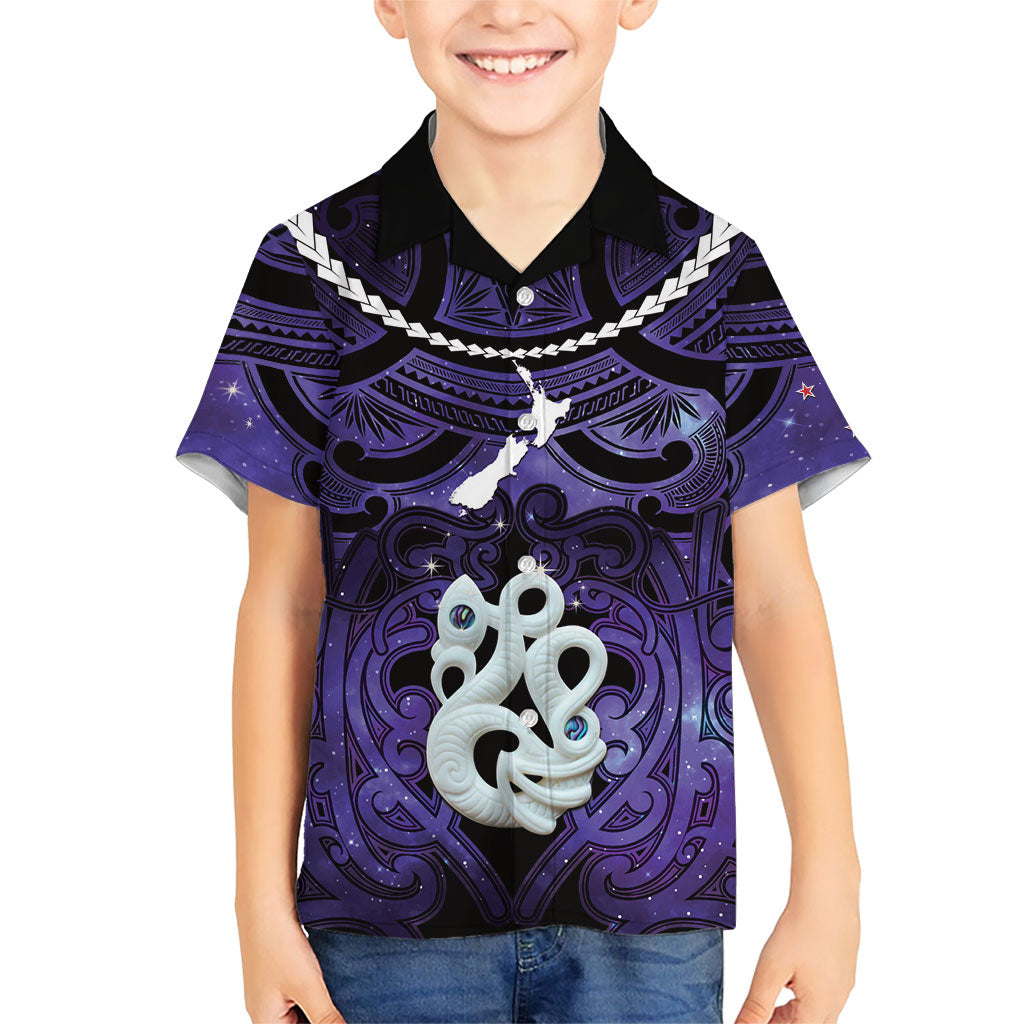 Personalised Maori Matariki Manaia Waiporoporo Family Matching Tank Maxi Dress and Hawaiian Shirt Maori Kowhaiwhai Pattern Galaxy LT01 Son's Shirt Purple - Polynesian Pride