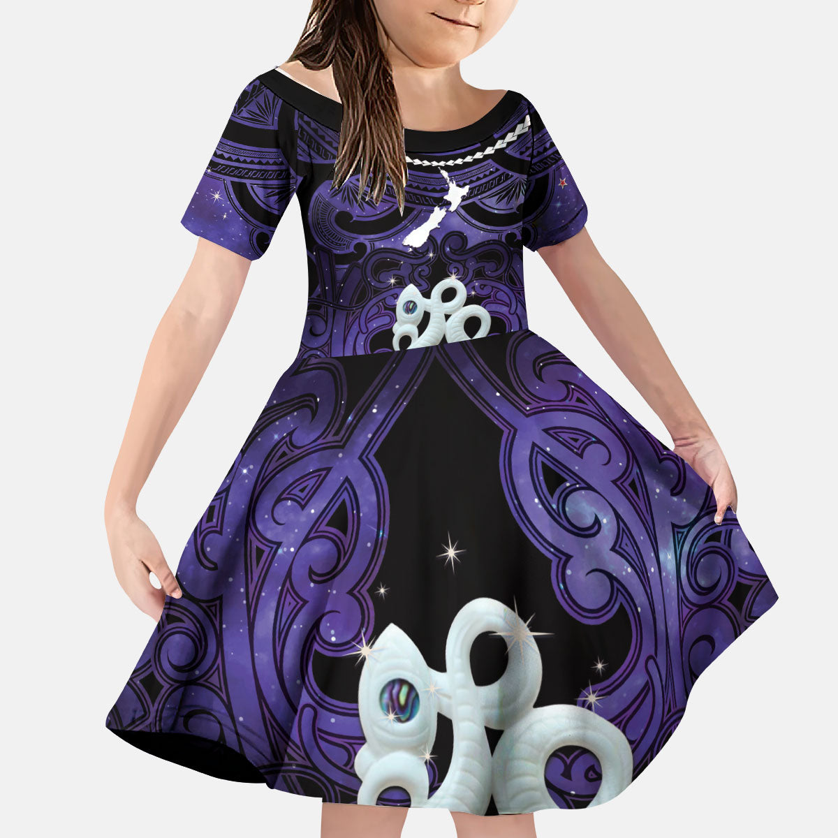 Personalised Maori Matariki Manaia Waiporoporo Kid Short Sleeve Dress Maori Kowhaiwhai Pattern Galaxy LT01 KID Purple - Polynesian Pride
