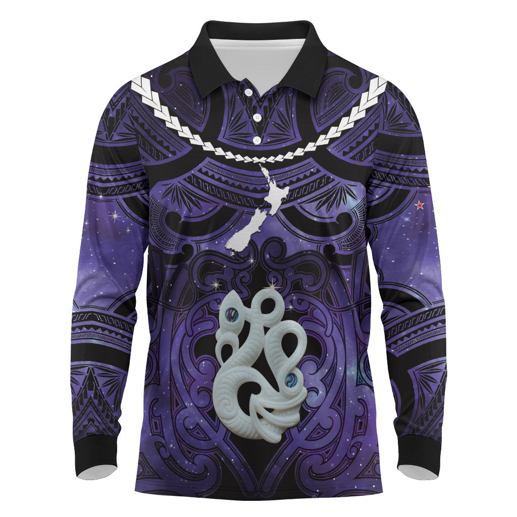 Personalised Maori Matariki Manaia Waiporoporo Long Sleeve Polo Shirt Maori Kowhaiwhai Pattern Galaxy LT01 Purple - Polynesian Pride