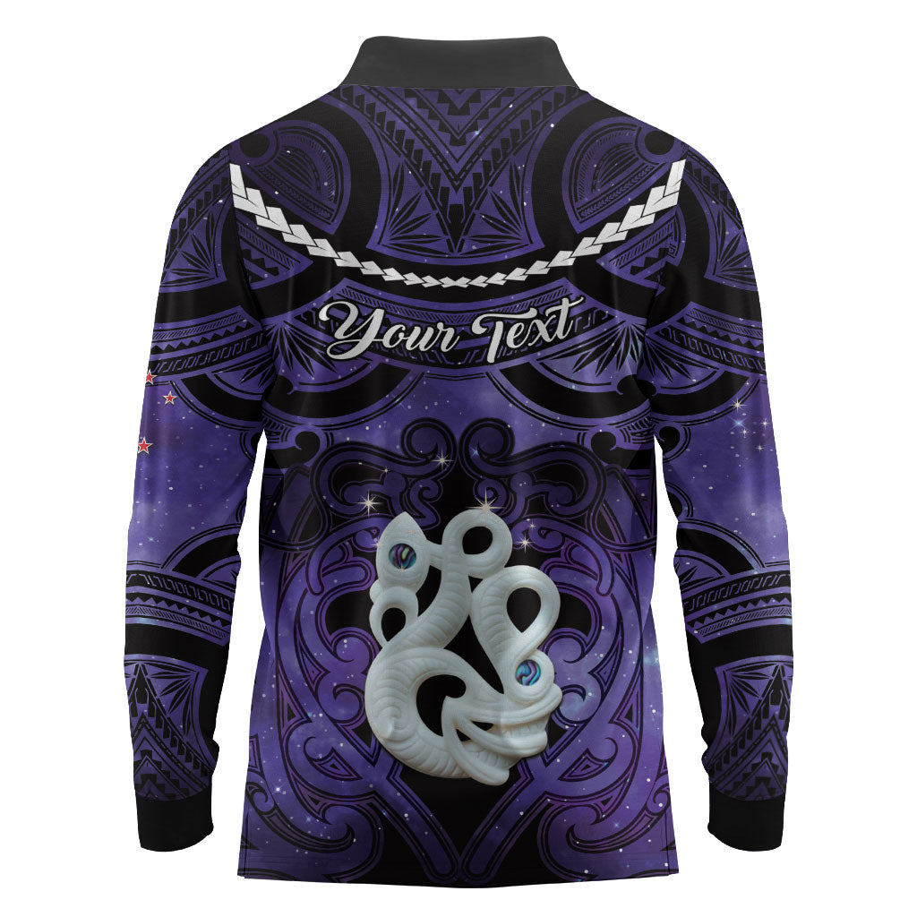 Personalised Maori Matariki Manaia Waiporoporo Long Sleeve Polo Shirt Maori Kowhaiwhai Pattern Galaxy LT01 - Polynesian Pride