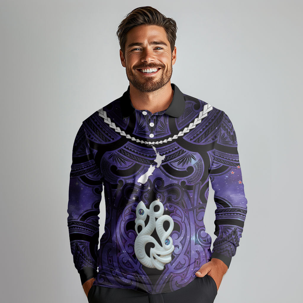 Personalised Maori Matariki Manaia Waiporoporo Long Sleeve Polo Shirt Maori Kowhaiwhai Pattern Galaxy LT01 - Polynesian Pride