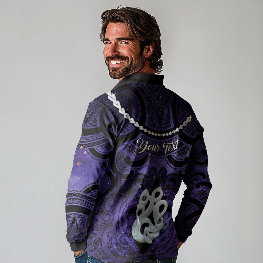 Personalised Maori Matariki Manaia Waiporoporo Long Sleeve Polo Shirt Maori Kowhaiwhai Pattern Galaxy LT01 - Polynesian Pride