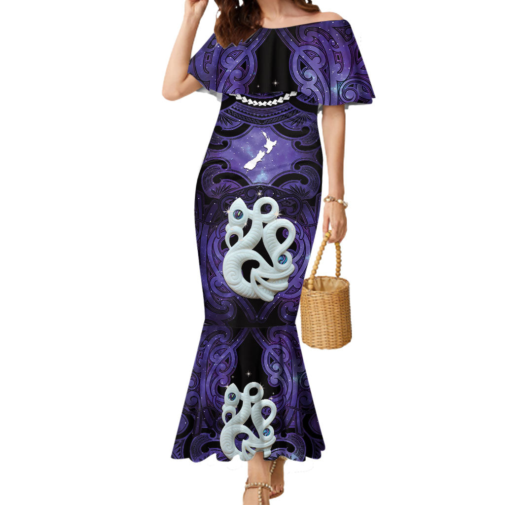 Personalised Maori Matariki Manaia Waiporoporo Mermaid Dress Maori Kowhaiwhai Pattern Galaxy LT01 Women Purple - Polynesian Pride
