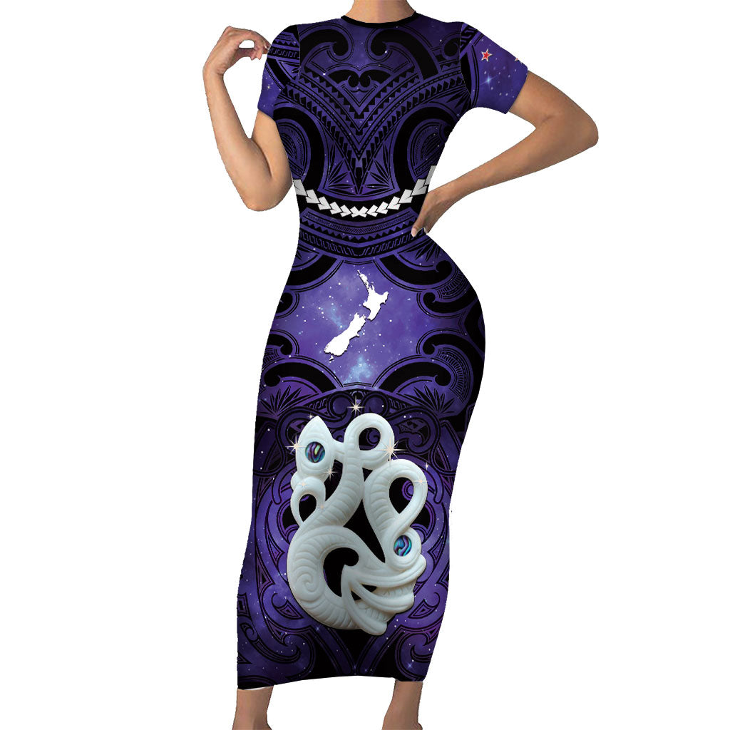 Personalised Maori Matariki Manaia Waiporoporo Short Sleeve Bodycon Dress Maori Kowhaiwhai Pattern Galaxy
