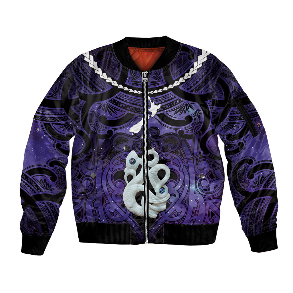 Personalised Maori Matariki Manaia Waiporoporo Sleeve Zip Bomber Jacket Maori Kowhaiwhai Pattern Galaxy LT01 Unisex Purple - Polynesian Pride