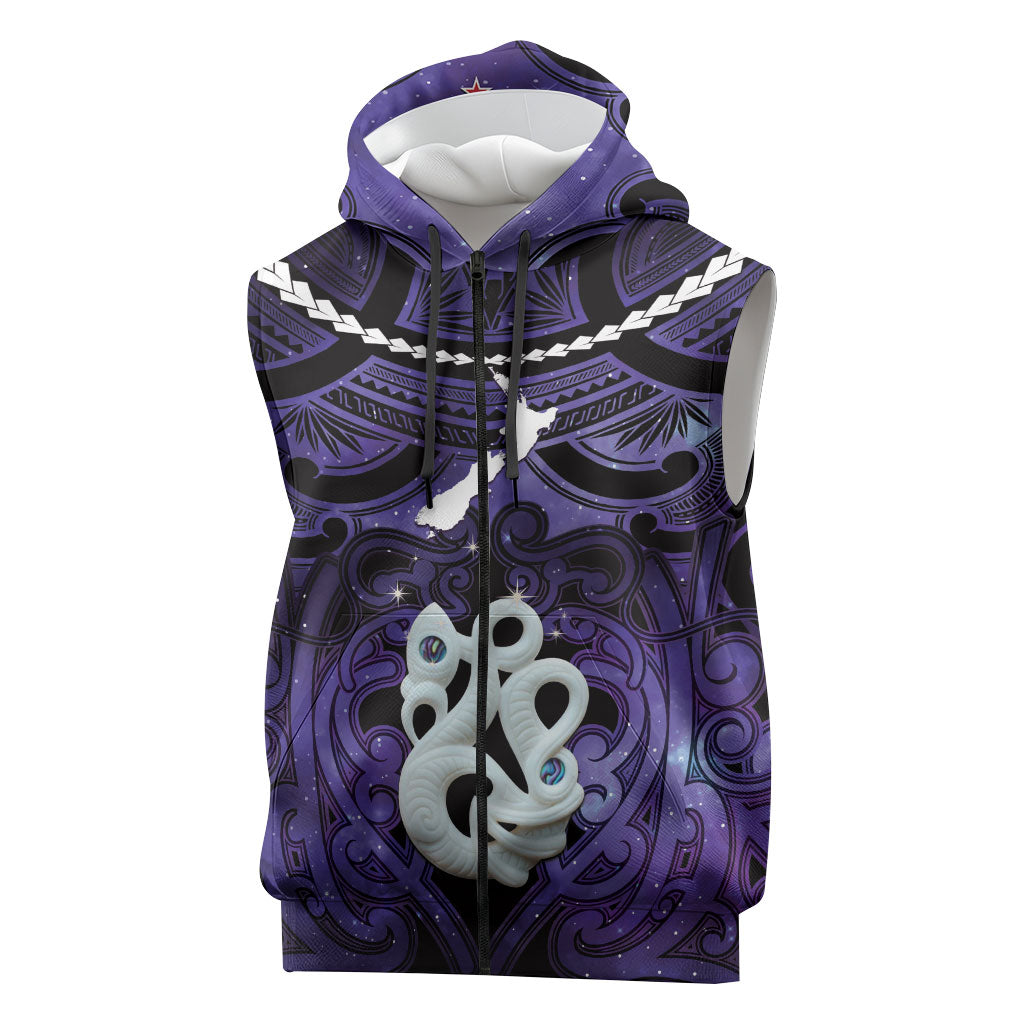 Personalised Maori Matariki Manaia Waiporoporo Sleeveless Zip Hoodie Maori Kowhaiwhai Pattern Galaxy LT01 Purple - Polynesian Pride