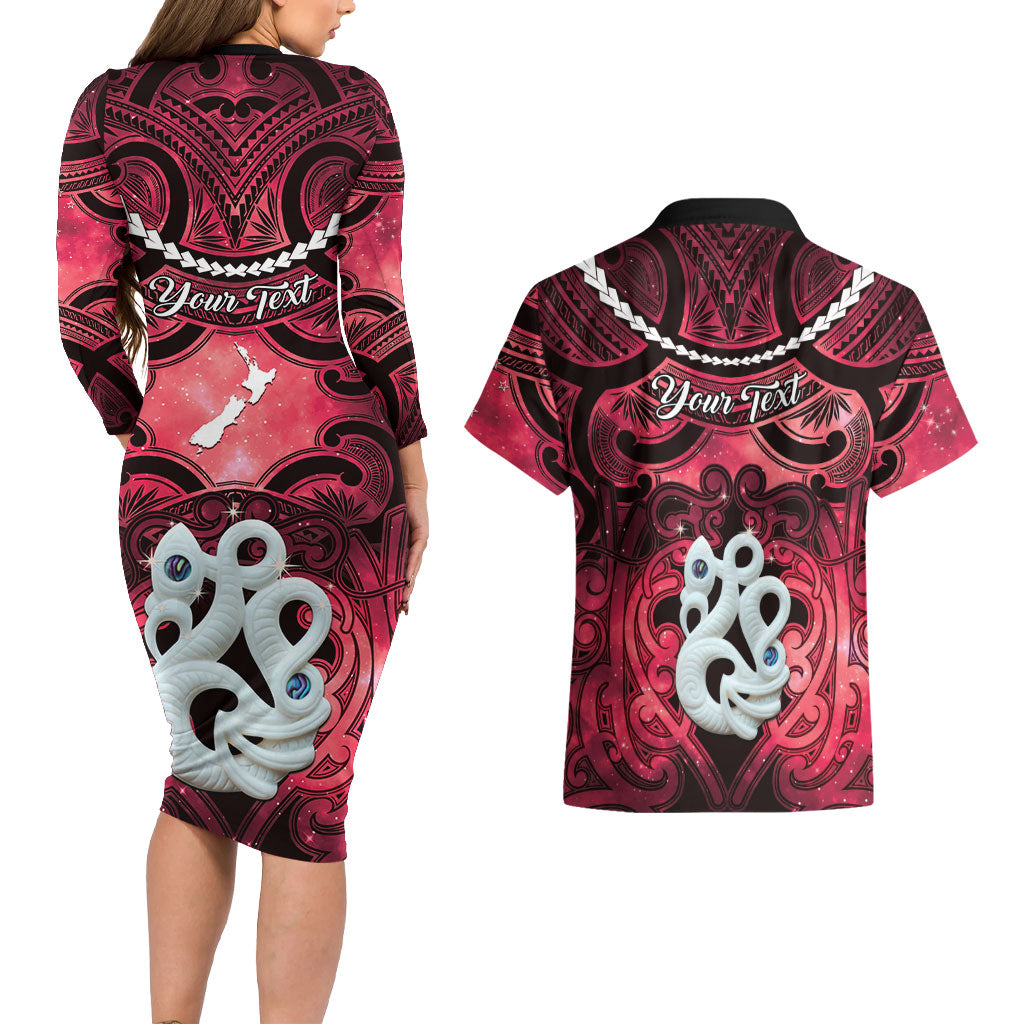 Personalised Maori Matariki Manaia Whero Couples Matching Long Sleeve Bodycon Dress and Hawaiian Shirt Maori Kowhaiwhai Pattern Galaxy