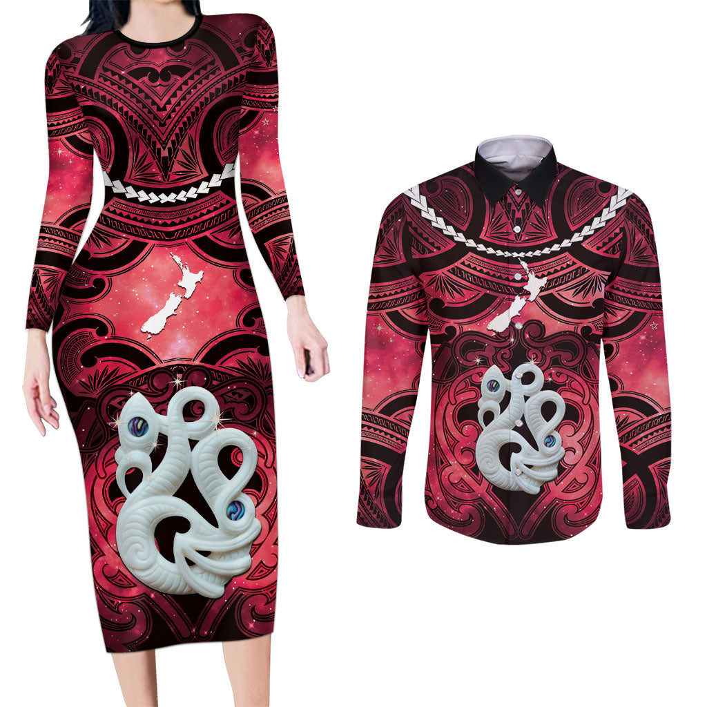 Personalised Maori Matariki Manaia Whero Couples Matching Long Sleeve Bodycon Dress and Long Sleeve Button Shirt Maori Kowhaiwhai Pattern Galaxy LT01 Red - Polynesian Pride
