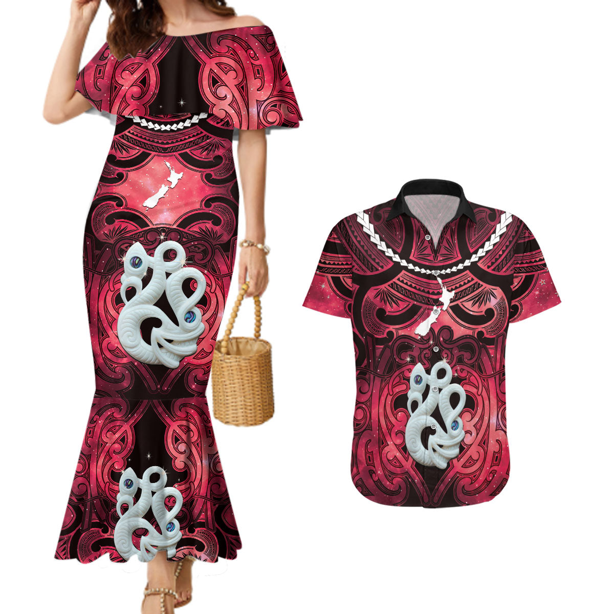 Personalised Maori Matariki Manaia Whero Couples Matching Mermaid Dress and Hawaiian Shirt Maori Kowhaiwhai Pattern Galaxy LT01 Red - Polynesian Pride