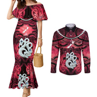 Personalised Maori Matariki Manaia Whero Couples Matching Mermaid Dress and Long Sleeve Button Shirt Maori Kowhaiwhai Pattern Galaxy LT01 Red - Polynesian Pride