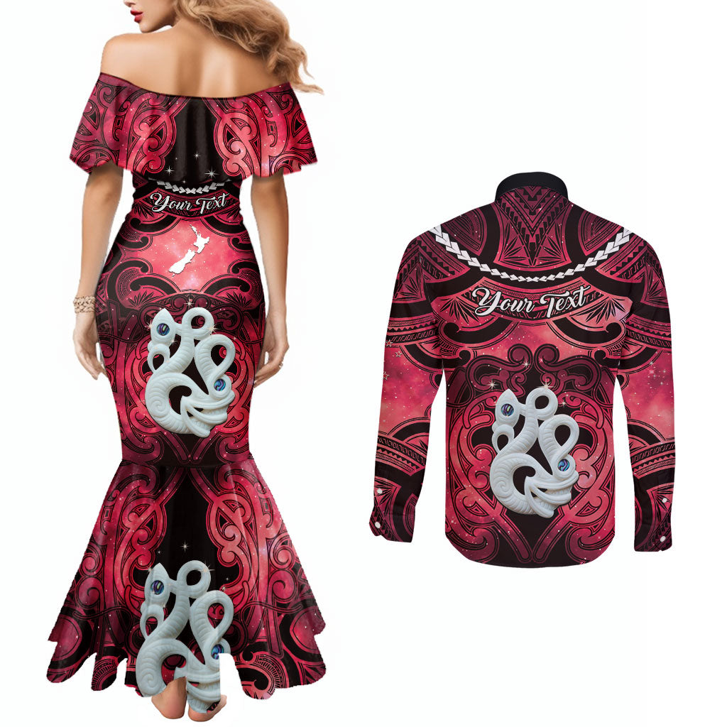 Personalised Maori Matariki Manaia Whero Couples Matching Mermaid Dress and Long Sleeve Button Shirt Maori Kowhaiwhai Pattern Galaxy LT01 - Polynesian Pride