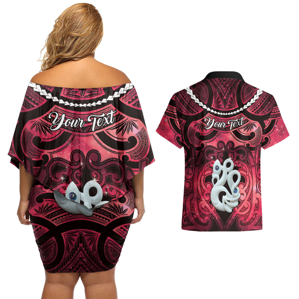 Personalised Maori Matariki Manaia Whero Couples Matching Off Shoulder Short Dress and Hawaiian Shirt Maori Kowhaiwhai Pattern Galaxy LT01 - Polynesian Pride