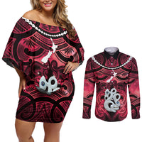 Personalised Maori Matariki Manaia Whero Couples Matching Off Shoulder Short Dress and Long Sleeve Button Shirt Maori Kowhaiwhai Pattern Galaxy LT01 Red - Polynesian Pride