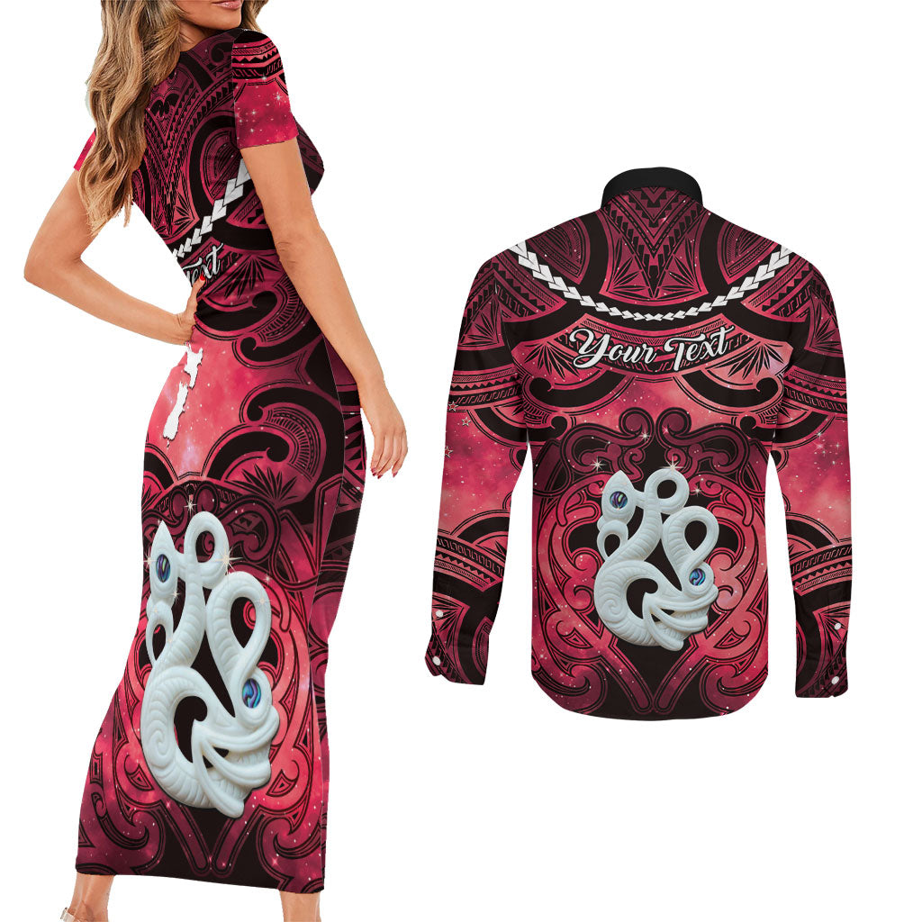 Personalised Maori Matariki Manaia Whero Couples Matching Short Sleeve Bodycon Dress and Long Sleeve Button Shirt Maori Kowhaiwhai Pattern Galaxy LT01 - Polynesian Pride