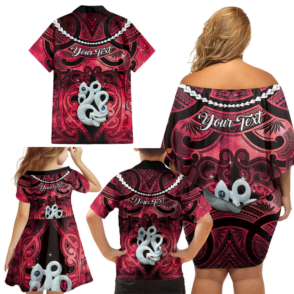 Personalised Maori Matariki Manaia Whero Family Matching Off Shoulder Short Dress and Hawaiian Shirt Maori Kowhaiwhai Pattern Galaxy