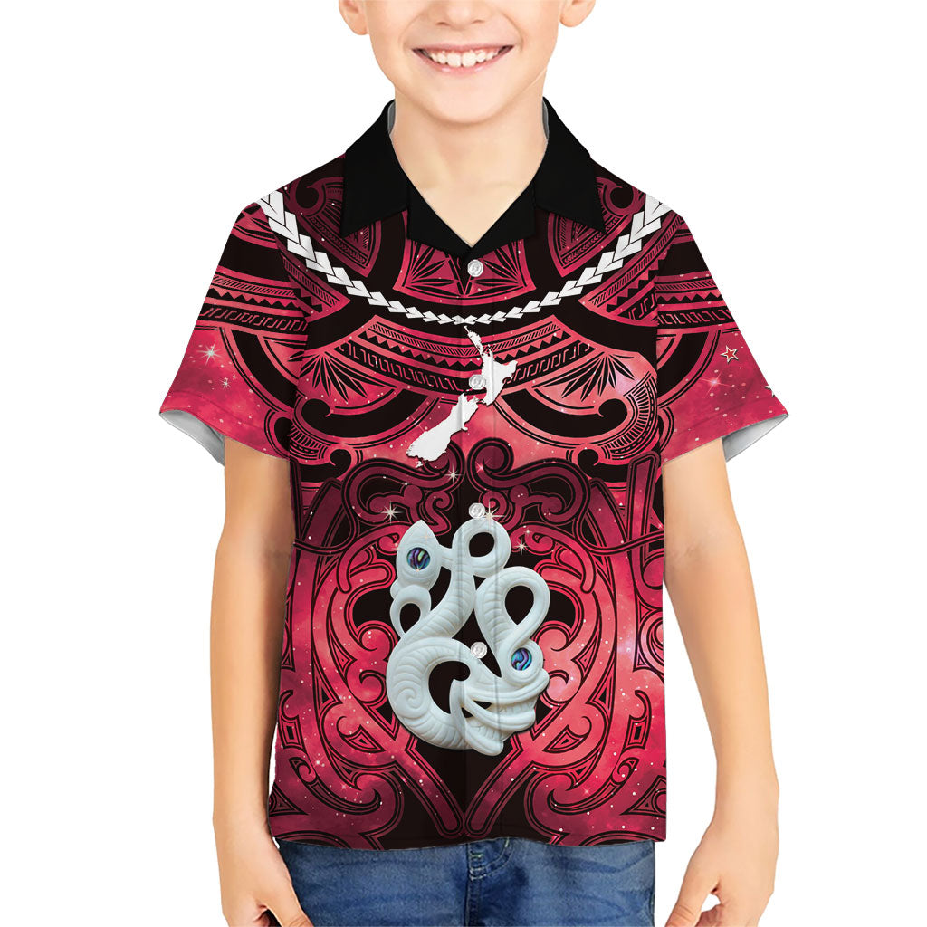 Personalised Maori Matariki Manaia Whero Family Matching Off Shoulder Short Dress and Hawaiian Shirt Maori Kowhaiwhai Pattern Galaxy