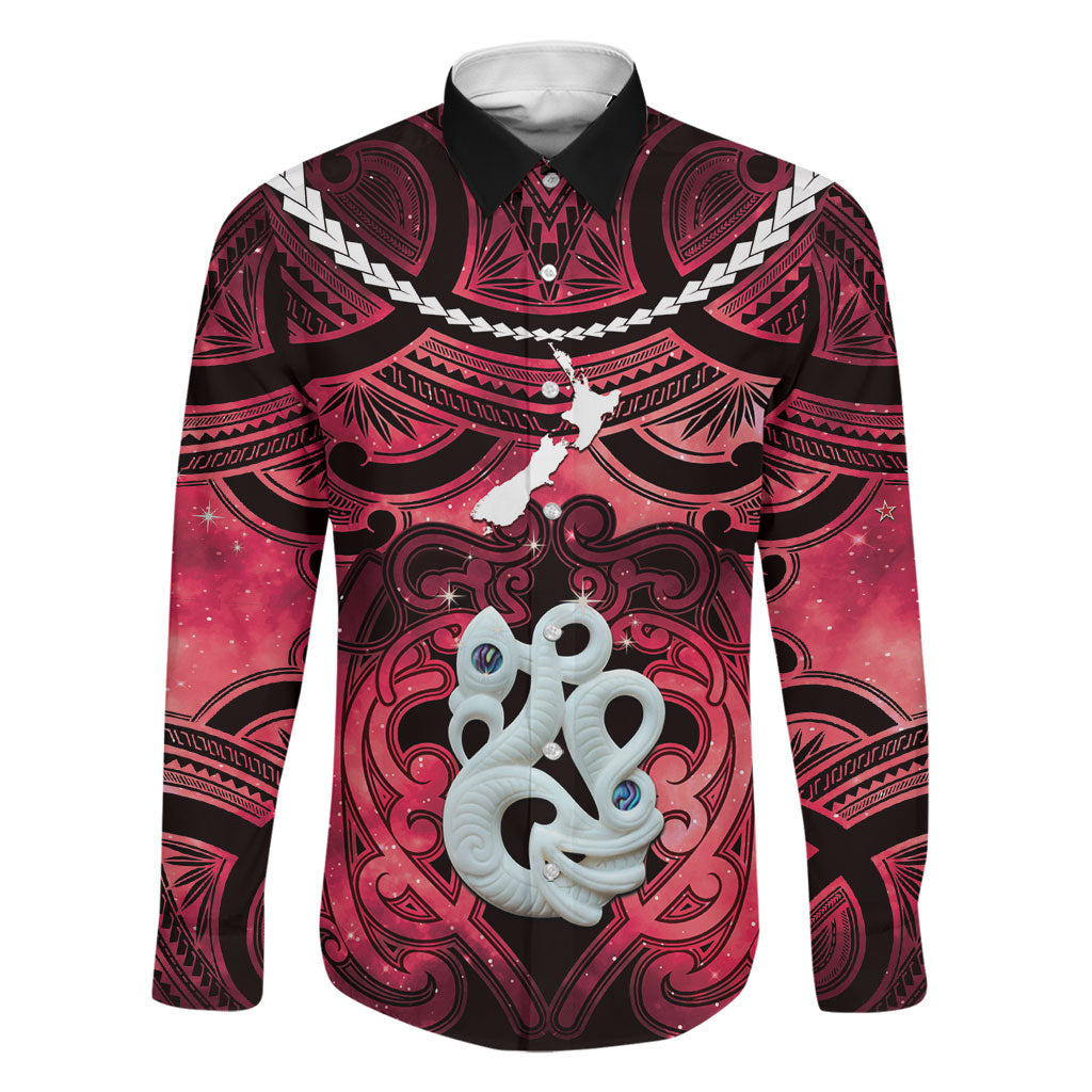 Personalised Maori Matariki Manaia Whero Family Matching Summer Maxi Dress and Hawaiian Shirt Maori Kowhaiwhai Pattern Galaxy LT01 Dad's Shirt - Long Sleeve Red - Polynesian Pride