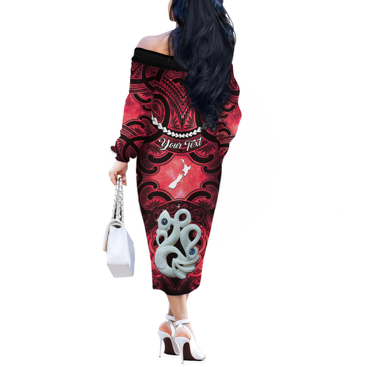 Personalised Maori Matariki Manaia Whero Off The Shoulder Long Sleeve Dress Maori Kowhaiwhai Pattern Galaxy LT01 - Polynesian Pride