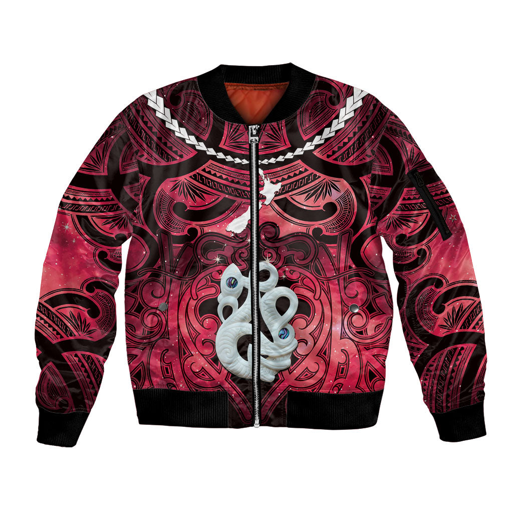 Personalised Maori Matariki Manaia Whero Sleeve Zip Bomber Jacket Maori Kowhaiwhai Pattern Galaxy
