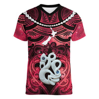 Personalised Maori Matariki Manaia Whero Women V-Neck T-Shirt Maori Kowhaiwhai Pattern Galaxy LT01 Female Red - Polynesian Pride