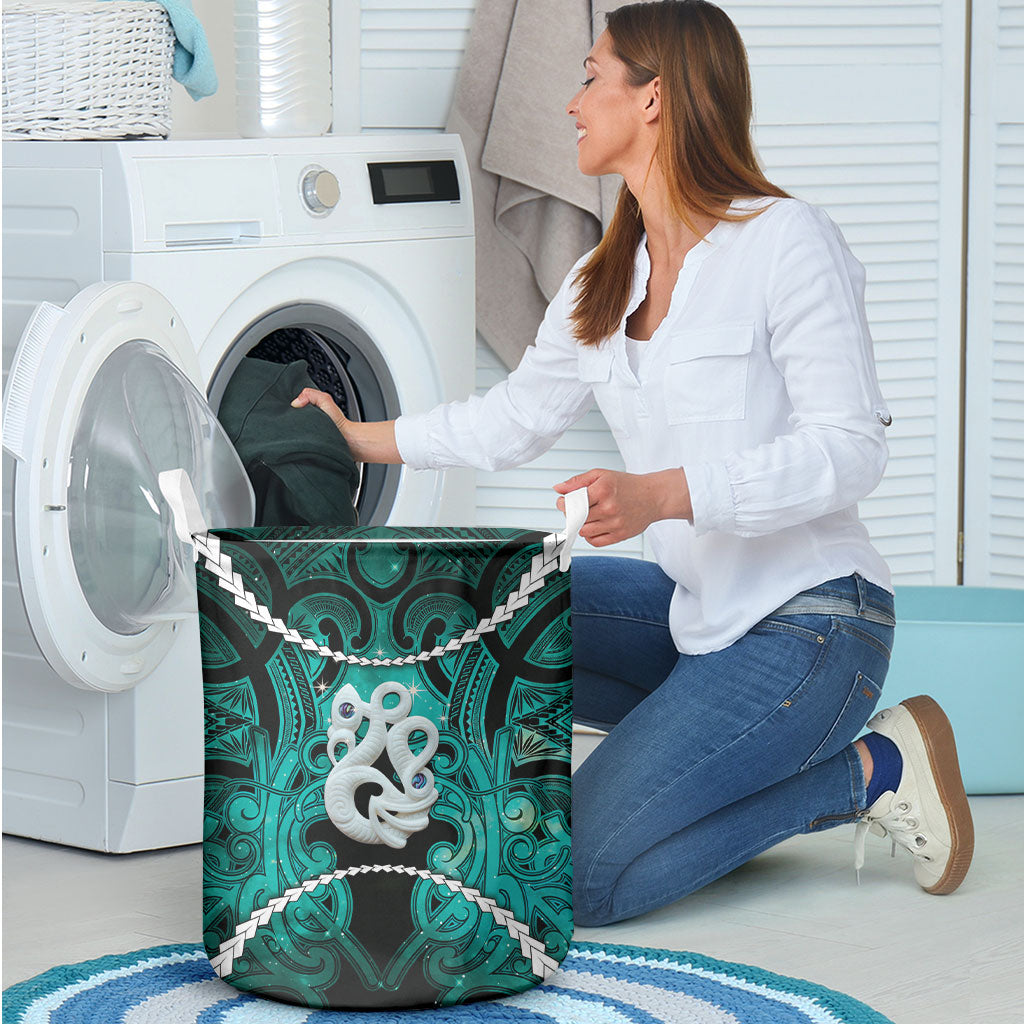 Maori Matariki Manaia Turquoise Laundry Basket Maori Kowhaiwhai Pattern Galaxy