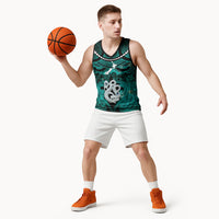 Personalised Maori Matariki Manaia Turquoise Basketball Jersey Maori Kowhaiwhai Pattern Galaxy