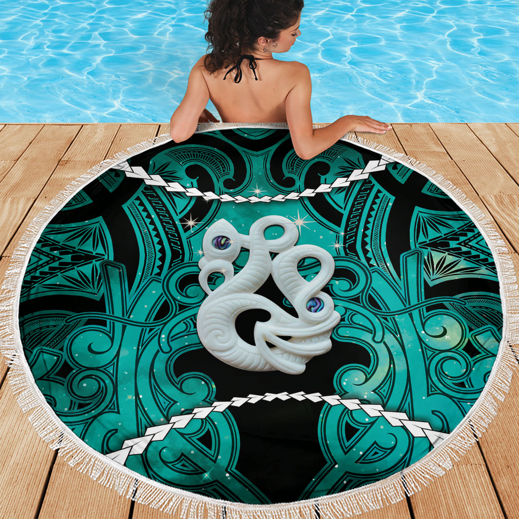 Maori Matariki Manaia Turquoise Beach Blanket Maori Kowhaiwhai Pattern Galaxy