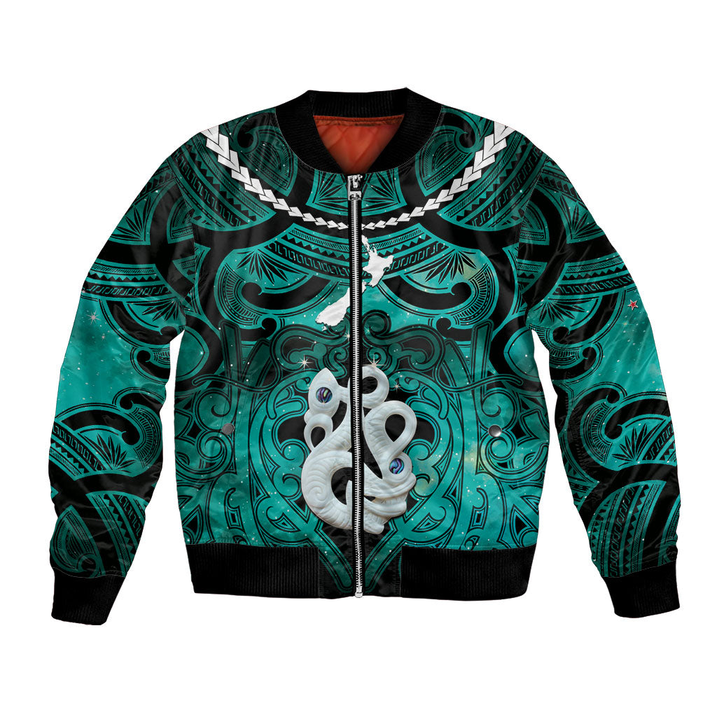 Personalised Maori Matariki Manaia Turquoise Bomber Jacket Maori Kowhaiwhai Pattern Galaxy