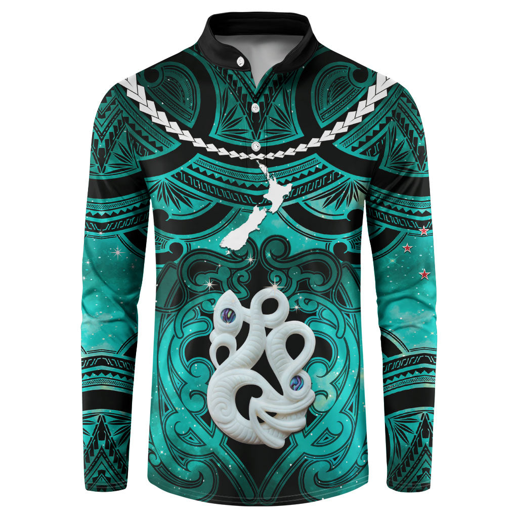 Personalised Maori Matariki Manaia Turquoise Button Sweatshirt Maori Kowhaiwhai Pattern Galaxy