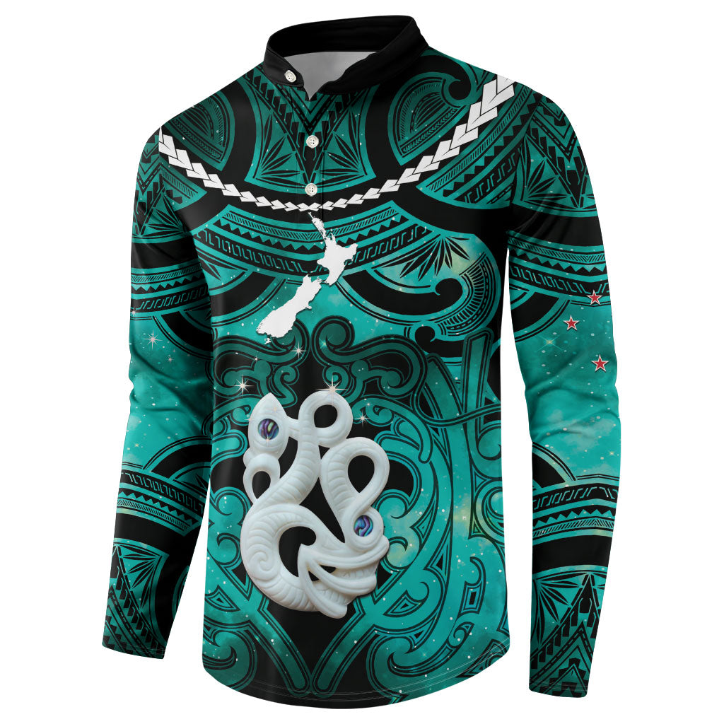Personalised Maori Matariki Manaia Turquoise Button Sweatshirt Maori Kowhaiwhai Pattern Galaxy