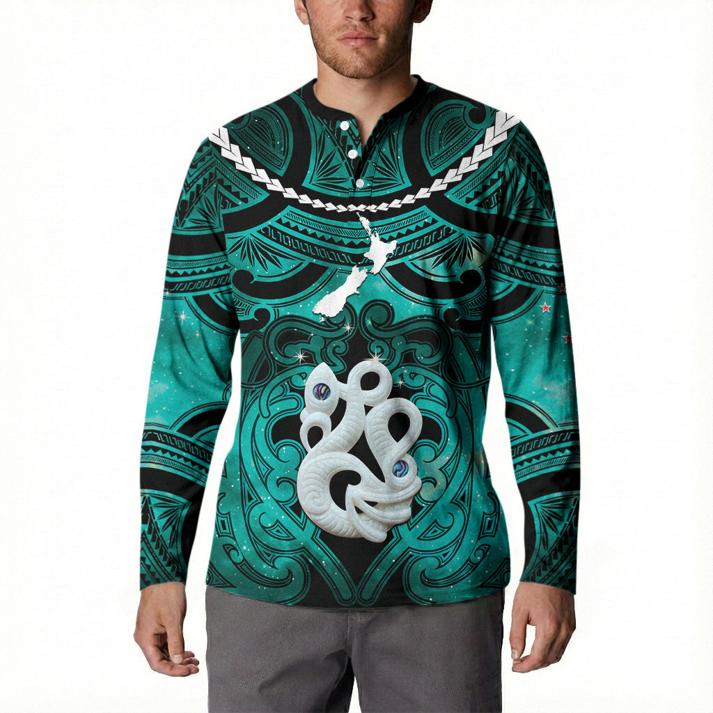 Personalised Maori Matariki Manaia Turquoise Button Sweatshirt Maori Kowhaiwhai Pattern Galaxy