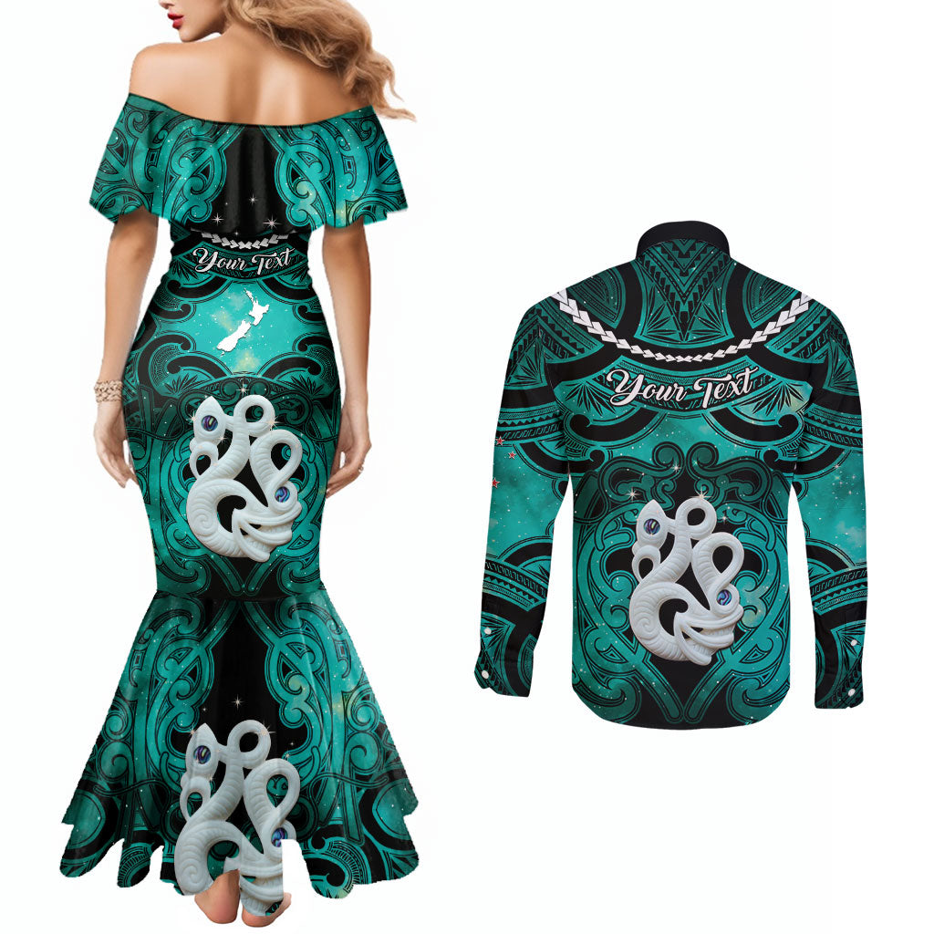 Personalised Maori Matariki Manaia Turquoise Couples Matching Mermaid Dress and Long Sleeve Button Shirt Maori Kowhaiwhai Pattern Galaxy LT01 - Polynesian Pride