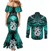 Personalised Maori Matariki Manaia Turquoise Couples Matching Mermaid Dress and Long Sleeve Button Shirt Maori Kowhaiwhai Pattern Galaxy LT01 - Polynesian Pride