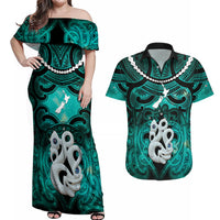 Personalised Maori Matariki Manaia Turquoise Couples Matching Off Shoulder Maxi Dress and Hawaiian Shirt Maori Kowhaiwhai Pattern Galaxy LT01 Turquoise - Polynesian Pride