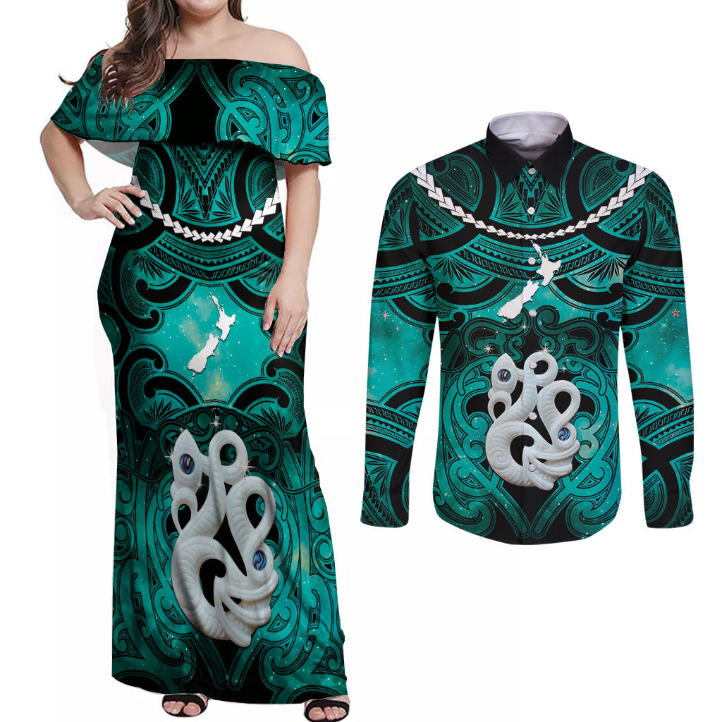 Personalised Maori Matariki Manaia Turquoise Couples Matching Off Shoulder Maxi Dress and Long Sleeve Button Shirt Maori Kowhaiwhai Pattern Galaxy