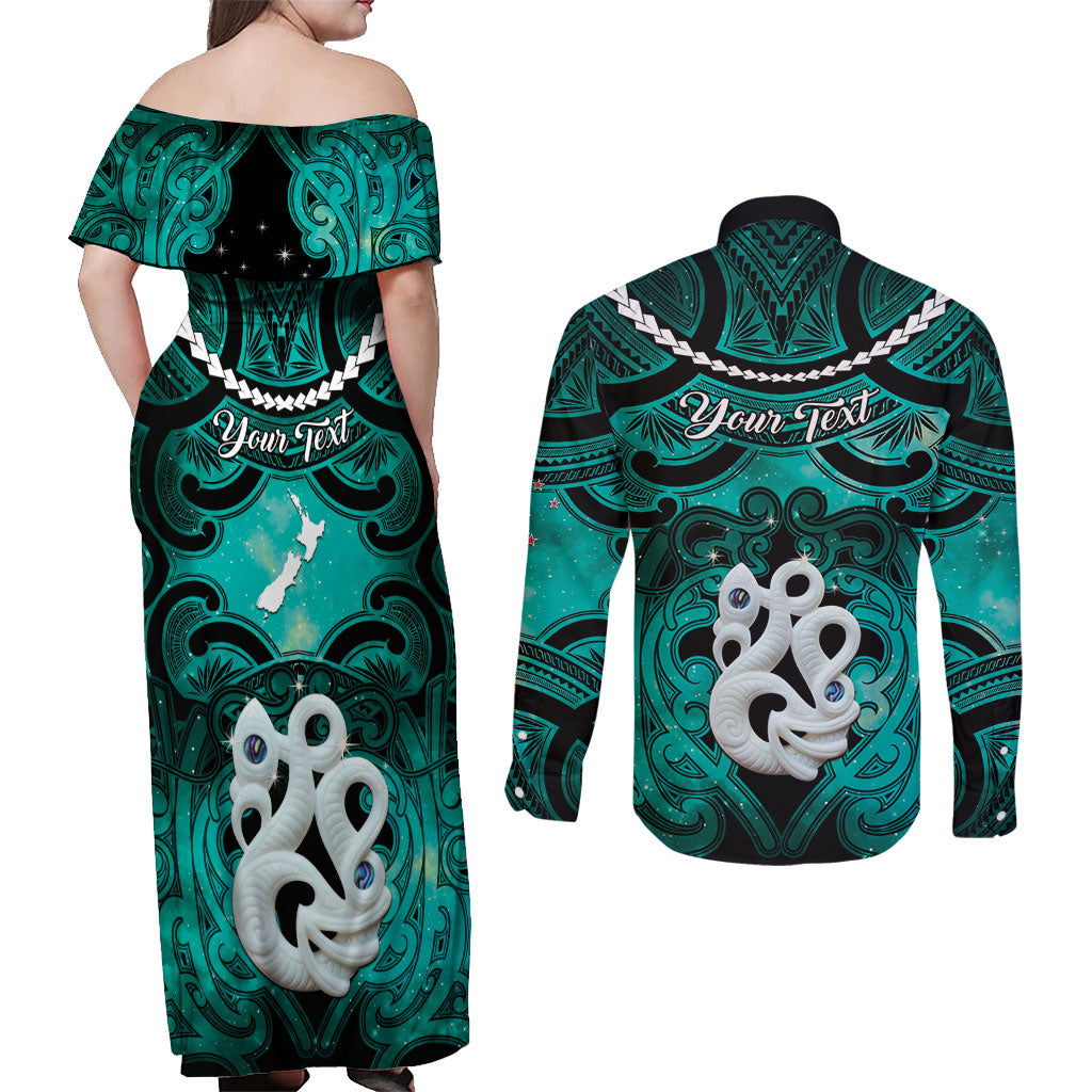 Personalised Maori Matariki Manaia Turquoise Couples Matching Off Shoulder Maxi Dress and Long Sleeve Button Shirt Maori Kowhaiwhai Pattern Galaxy LT01 - Polynesian Pride