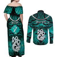 Personalised Maori Matariki Manaia Turquoise Couples Matching Off Shoulder Maxi Dress and Long Sleeve Button Shirt Maori Kowhaiwhai Pattern Galaxy LT01 - Polynesian Pride