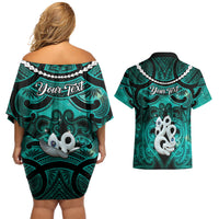 Personalised Maori Matariki Manaia Turquoise Couples Matching Off Shoulder Short Dress and Hawaiian Shirt Maori Kowhaiwhai Pattern Galaxy LT01 - Polynesian Pride
