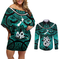 Personalised Maori Matariki Manaia Turquoise Couples Matching Off Shoulder Short Dress and Long Sleeve Button Shirt Maori Kowhaiwhai Pattern Galaxy LT01 Turquoise - Polynesian Pride