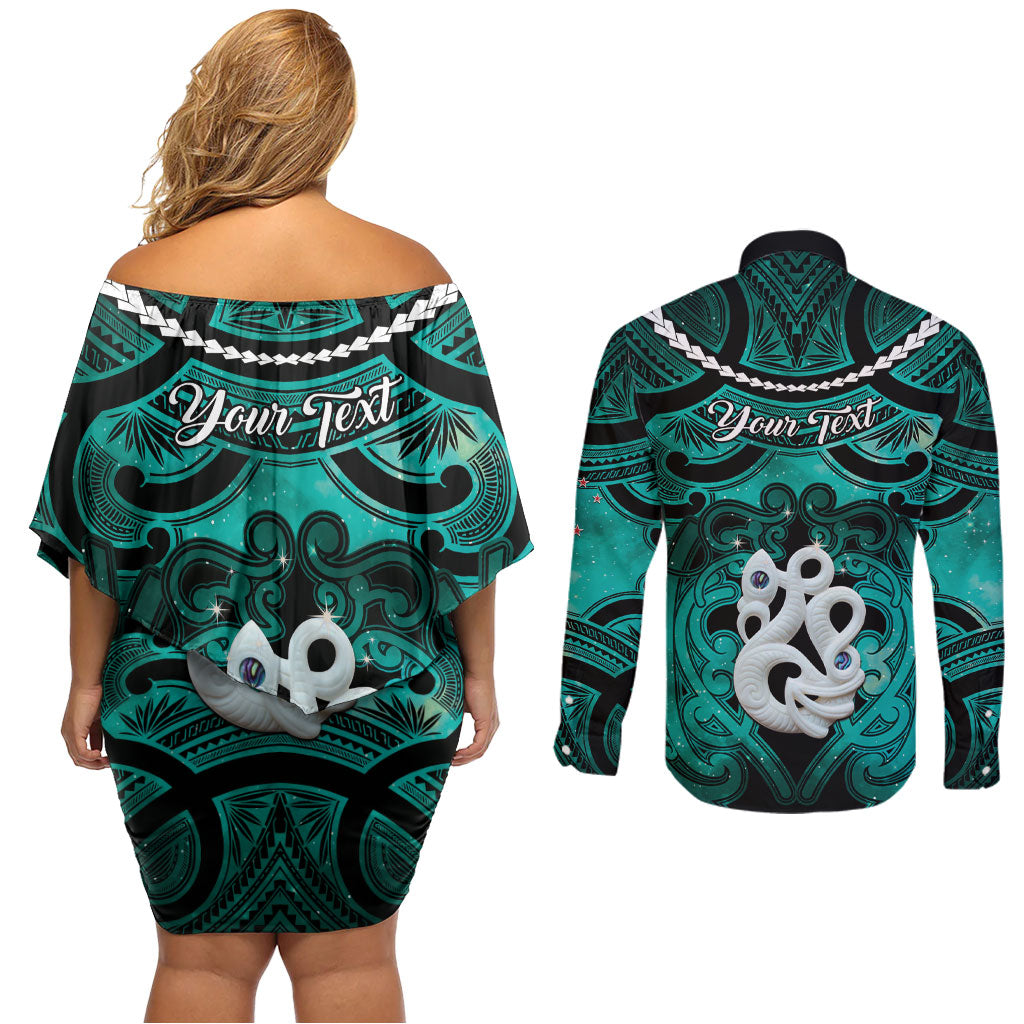 Personalised Maori Matariki Manaia Turquoise Couples Matching Off Shoulder Short Dress and Long Sleeve Button Shirt Maori Kowhaiwhai Pattern Galaxy LT01 - Polynesian Pride
